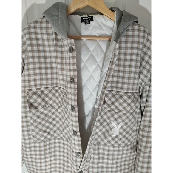 RARE Mens Pacsun Playboy Jacket Plaid Khaki Hood Quilt Lined Runs Big - Med/Larg - Picture 4 of 7
